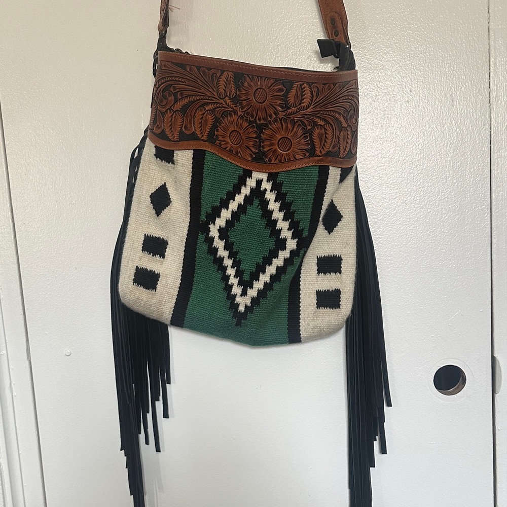 American Darling Green Cream & Black Southwestern Fringe Crossbody